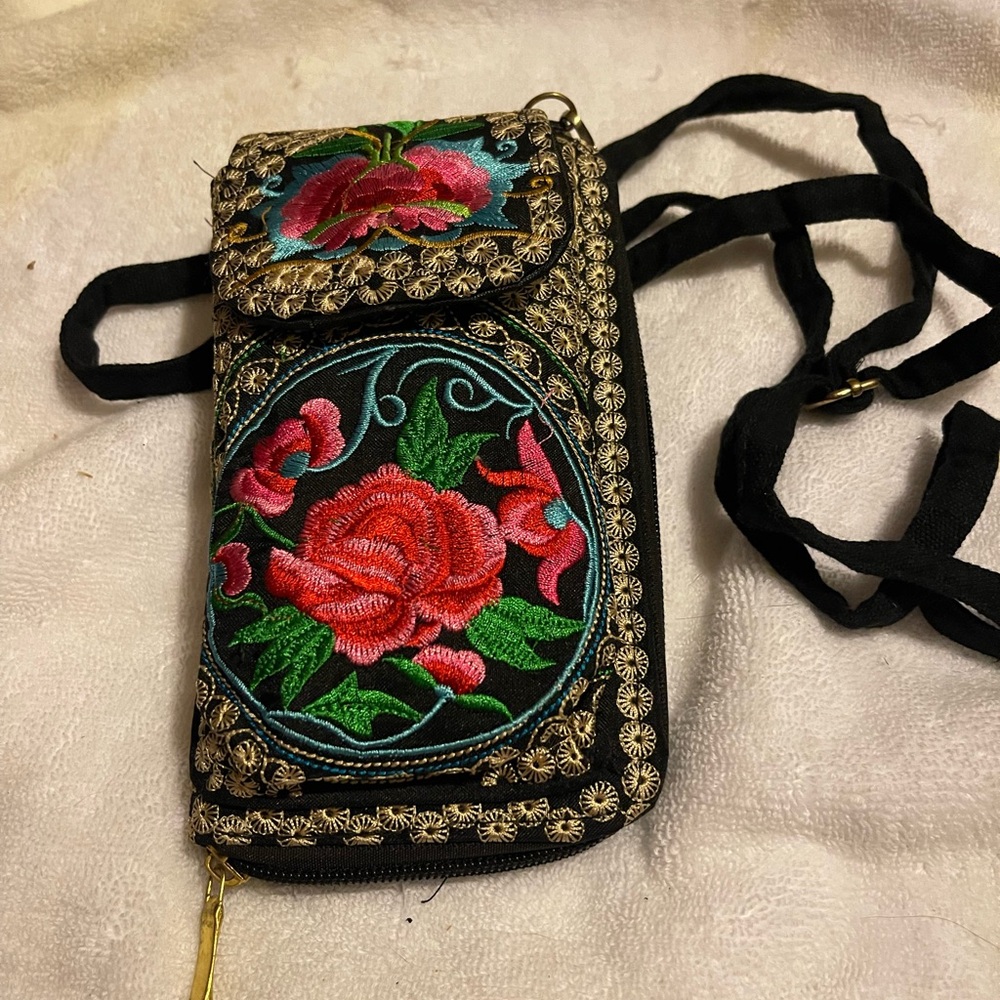 Embroidered Floral Crossbody Bag - Black and Red